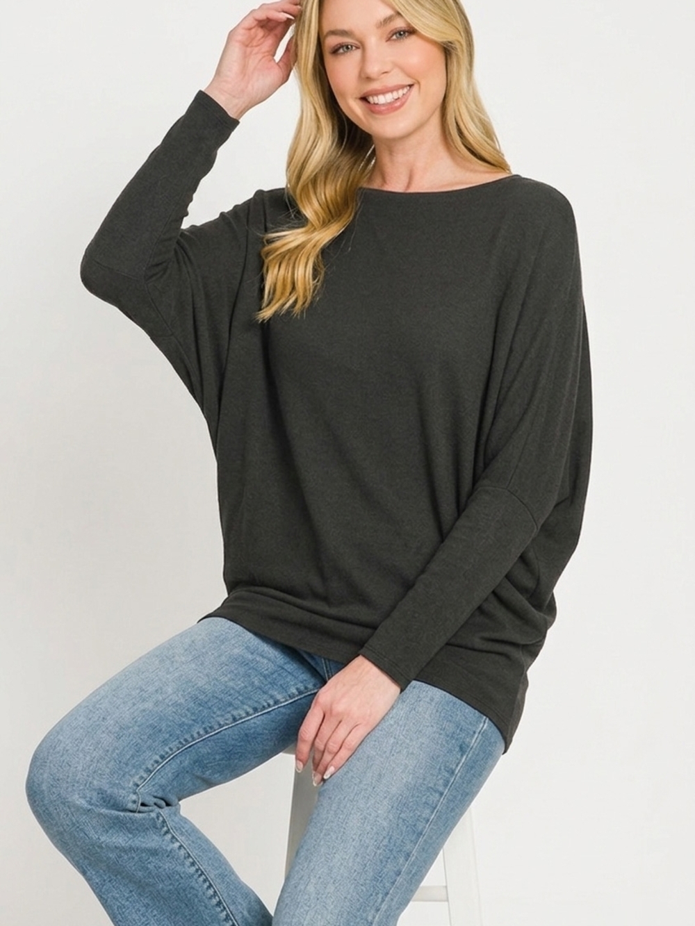Zenana Hacci Dolman Sleeve Boat Neck Top - Picture 2 of 3